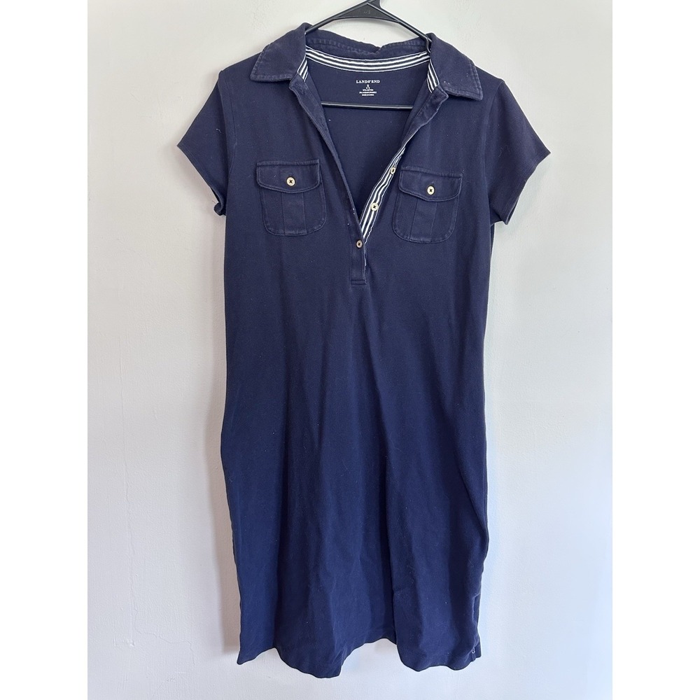 Lands End Shirt Dress SMALL Navy Blue Polo Pique Knit Short Sleeve Preppy